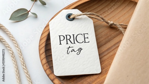 White price tag with black text on wooden surface label