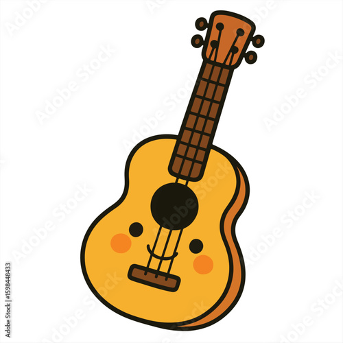 cute cartoon guitar character with smiling face, musical instrument illustration, simple vector design for children, playful music poster, educational material, kids sticker, nursery decor

