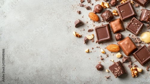 Assorted milk and dark chocolate pieces with almonds and walnuts on a gray background.