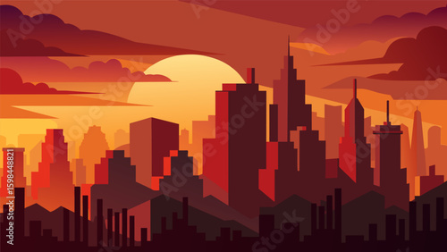 A cityscape at sunset the sky a mix of fiery reds and oranges conveying a feeling of longing and desire.. Vector illustration