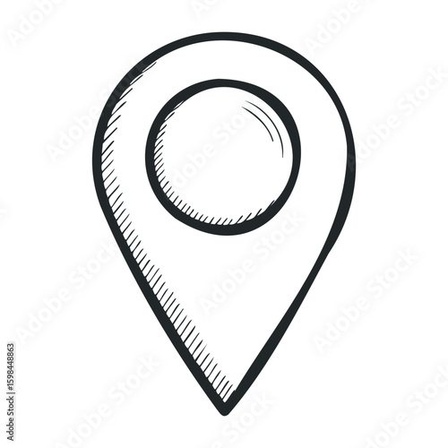 Hand-drawn map marker symbol with simple sketch design in black and white. Vector illustration