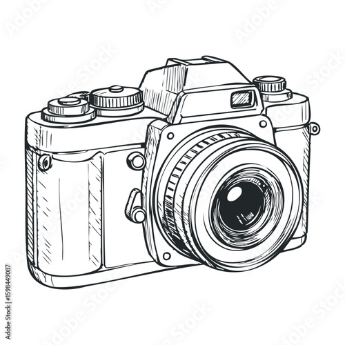Vintage film camera drawing with detailed lens and buttons in black ink. Vector illustration