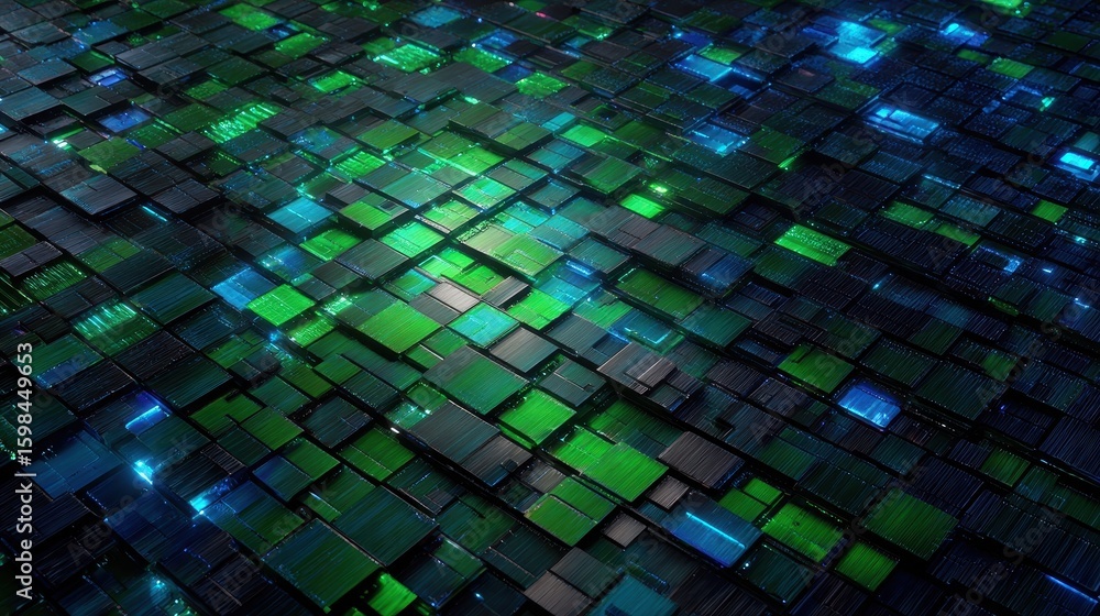 © Image Tree - Abstract composition of repeating cubic shapes in green and blue tones, creates sense of depth and a futuristic design. Glossy tiles reflecting light.