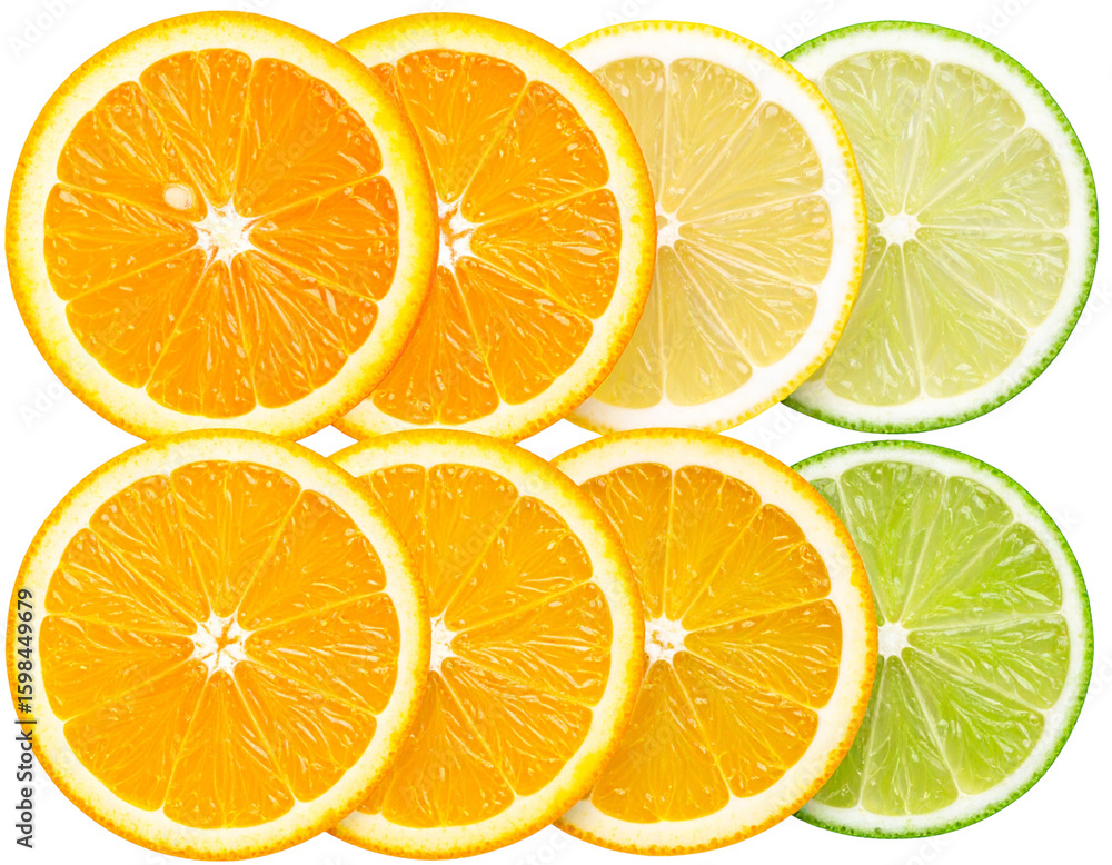Fototapeta premium Sliced Citrus Fruits Set with Oranges and Lemons, isolated on a transparent background.