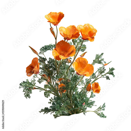 PNG of A vibrant cluster of orange California poppies blooming amidst lush green foliage.