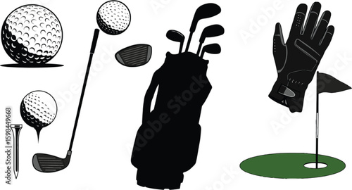 Vector art of a complete set of golf equipment including clubs, balls, tee, glove, and flag isolated on white background