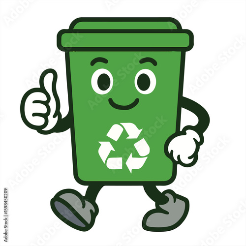 Green recycle bin cartoon character with happy face, eco friendly trash can vector illustration, cute recycling mascot for environment posters, stickers and other creative design
