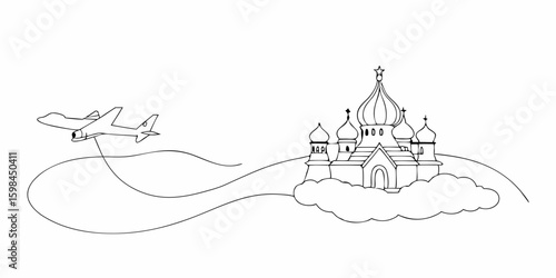 Airplane travel route with st basil's cathedral illustration in black and white on white background, offering airplane travel route concept.