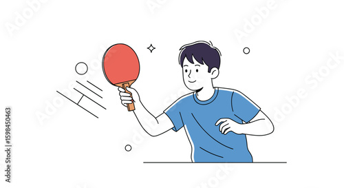 Young boy enthusiastically playing ping pong during a friendly game of table tennis showing great athleticism