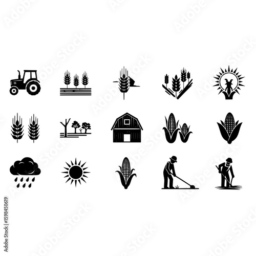 Agriculture farming harvest crops wheat corn tractor barn farmer sun rain rural landscape icon vector set