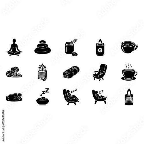 Wellness spa relaxation zen meditation therapy massage candle aroma sleep tea rest chair towel stones