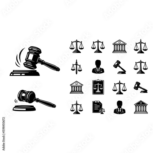 Law justice legal gavel court scale lawyer advocate attorney courthouse judgment symbol icon set vector