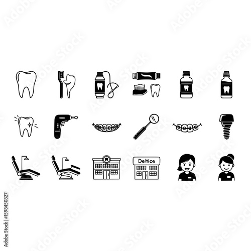 Dental care and oral hygiene icons set including tooth implant dentist clinic orthodontics and more vector