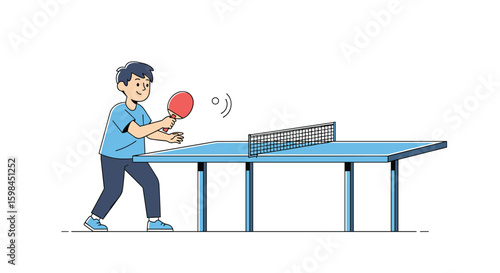 Young boy enthusiastically playing a competitive game of table tennis at a sporting event indoors with focus