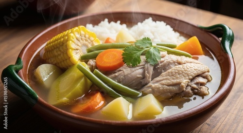 Authentic Guatemalan Caldo de Pollo - Hearty Chicken Soup with Vegetables & Rice in Traditional Pottery Bowl, Photorealistic Lighting with Clear Broth