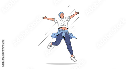 An energetic individual joyfully dances in the rain with arms outstretched and a bright smile expressing freedom and exuberance