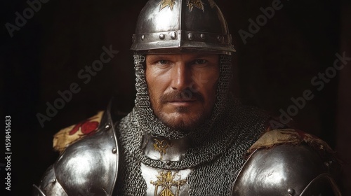 Close up portrait of a medieval knight in ornate silver armor and helmet