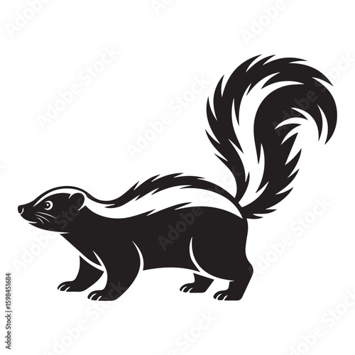 Stylized illustration of a black and white skunk with a bushy tail