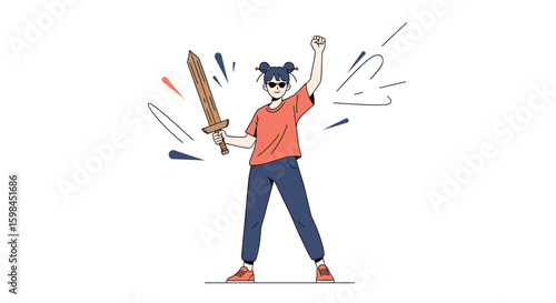 A triumphant young adventurer raises a wooden sword high in victory surrounded by colorful celebratory bursts of energy and light