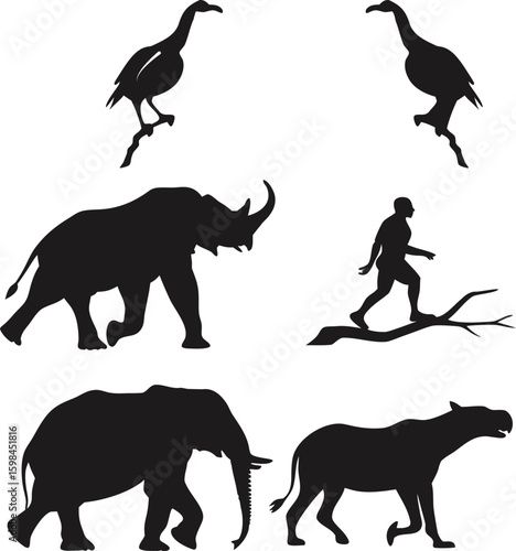Silhouette Depiction of Prehistoric Fauna and a Human Walking on a Branch Representing the Paleozoic Era