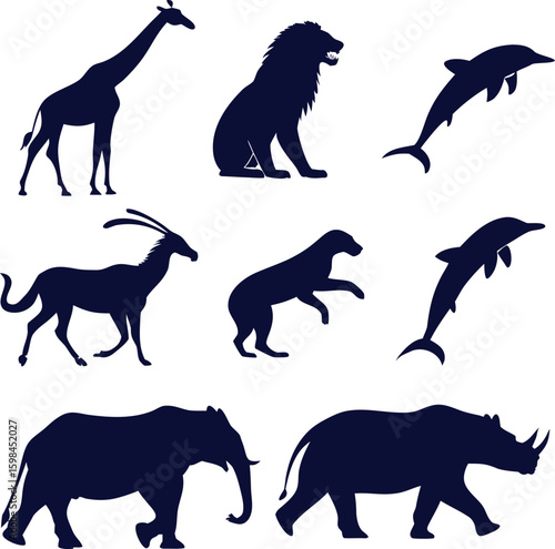 Silhouetted Wildlife Assemblage Diverse Animal Kingdom Displayed Featuring Giraffe Lion Dolphin Antelope Bear Elephant and Rhinoceros Imagery