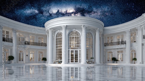 Majestic white mansion with a grand courtyard under a starry sky.