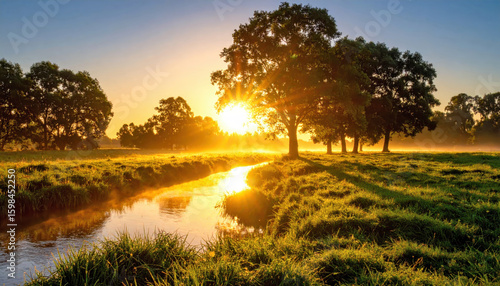 Fototapeta Naklejka Na Ścianę i Meble -  Golden sunrise illuminating green meadow with river and trees