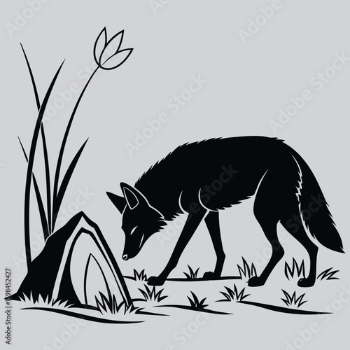 Coyote sniffing near forest campsite at night silhouette vector design art and illustration