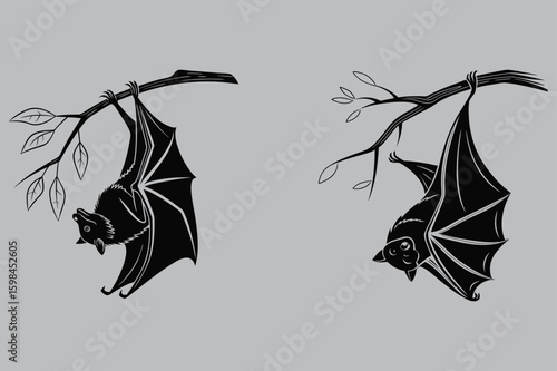 Flying fox hanging upside down silhouette vector design art and illustration