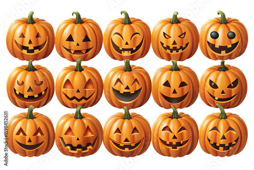 A diverse collection of carved pumpkins with various spooky and funny faces, ready for halloween night isolated on transparent background