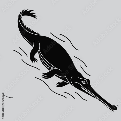 Gharial Swimming in River with Long Snout Silhouette vector design art and illustration