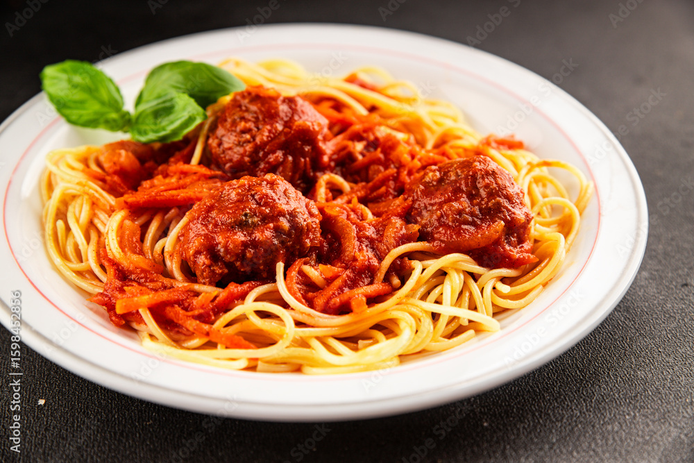 Spaghetti meatballs tomato sauce Italian recipe fresh delicious gourmet food background on the table rustic food top view copy space Spaghetti meatballs tomato sauce Italian recipe fresh delicious gourmet food background on the table rustic food top view copy space