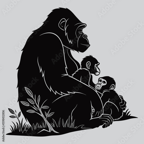 Gorilla Family Resting in Shade silhouette vector design art and illustration