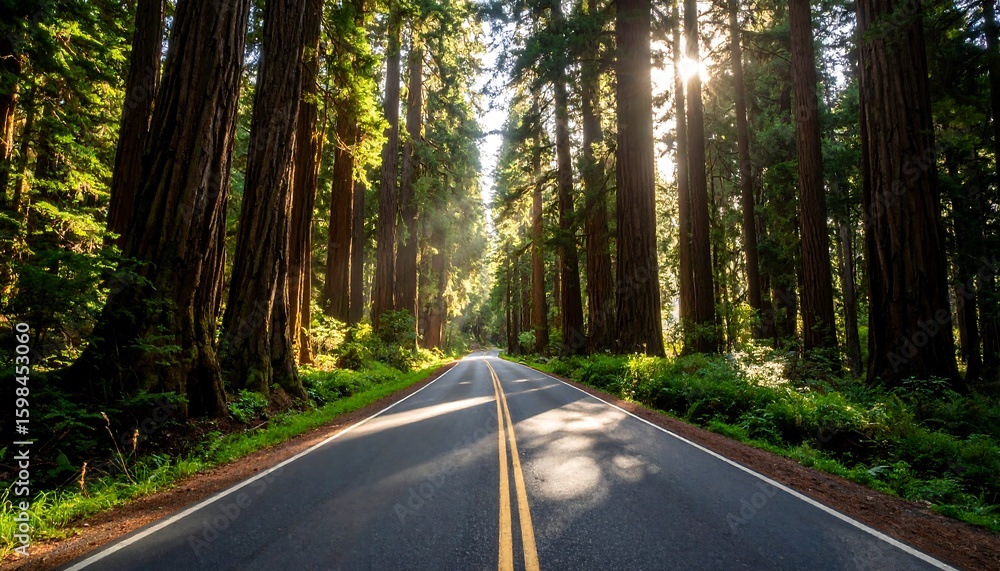 Fototapeta premium Sunny road through redwood forest