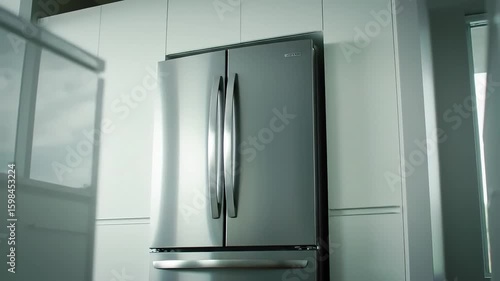 Modern kitchen refrigerator in built-in cabinetry, sunlight streams through window