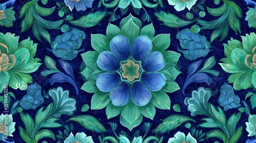 An elegant floral tapestry featuring stylized blue and green blooms, leaves, and foliage on a deep indigo background. Nature-inspired decor.