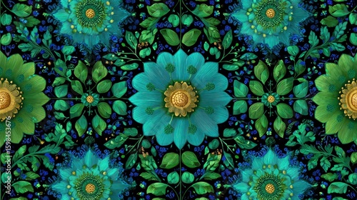 Lush floral garden pattern with intricate botanical details, blending natural elegance with artistic flair in shades of green and blue.