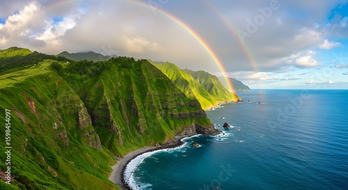 Dramatic coastal landscape with lush green cliffs and a vibrant double rainbow over the ocean.