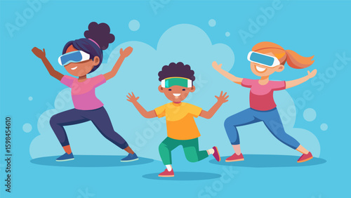 A group of kids squat and stretch as they play a VR dance game competing to see who can master the most moves and get the highest score.. Vector illustration