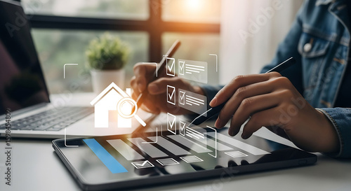 Online Home Inspection Checklist: Digital Tablet, Real Estate Appraisal, Inspector at Work