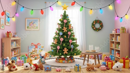 Fun and colorful Christmas reveal in a child's room with exploding toys