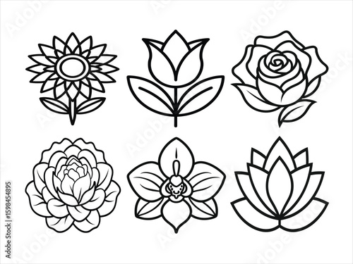Minimalist black outline flower icons set including rose, lotus, sunflower, tulip, peony, and orchid. Perfect for coloring books, tattoo templates, botanical prints, and floral logo designs.