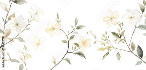 A soft watercolor depiction of delicate jasmine flowers blooming on thin branches, with creamy white petals and subtle green leaves, set against a pure white background.