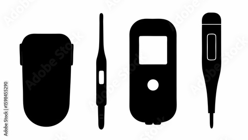 Illustration of a blood glucose meter, lancet device, and digital thermometers in black silhouette