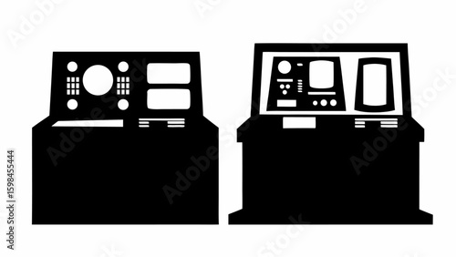 Two black control panels with screens buttons and other controls in a simple vector illustration