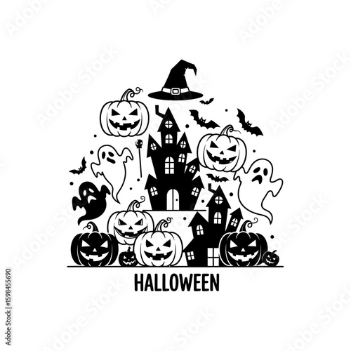 Halloween scene with pumpkins ghosts bats and haunted house in black and white