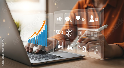 Digital marketing analysis with growing business graph and social media engagement on laptop with SEO targeting