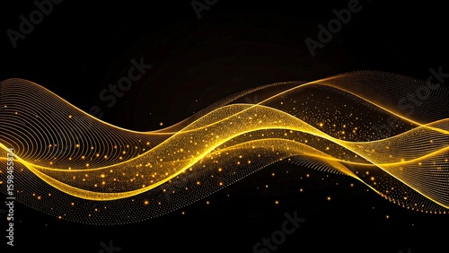 Abstract golden waves with glitter particles on black background, elegant design concept.