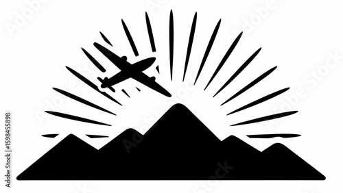 Airplane flying over mountain range with sun rays in black and white simple graphic illustration design