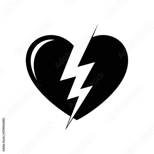 A black heart pierced by a white lightning bolt on a white background art